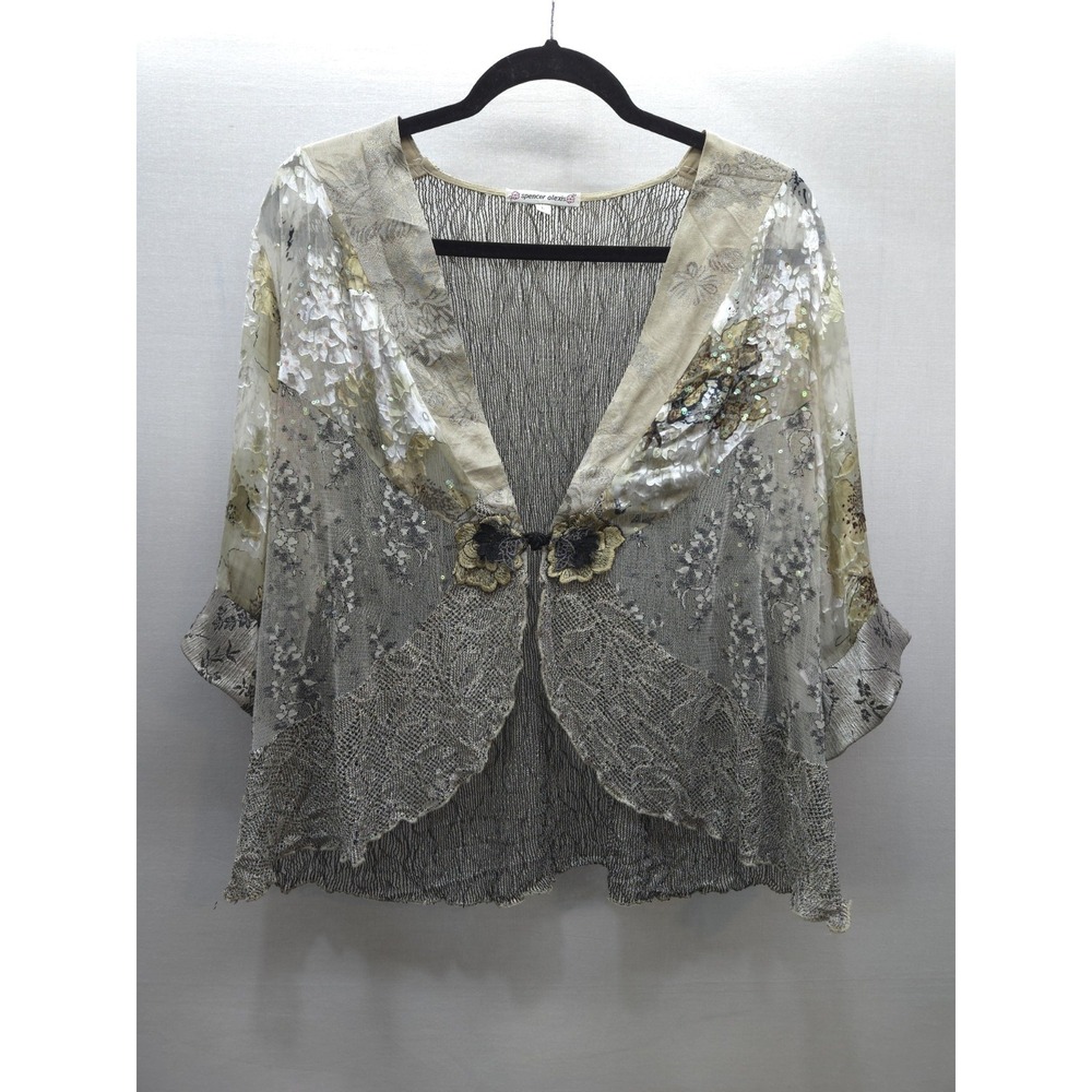 Spencer Alexis Vintage Gold Art To Wear Blouse Silk Blend Lace Sequin Top L
